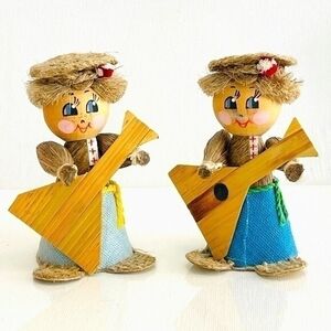 Handmade Straw Dolls Belarus 3.5" Balalaika Musicians Traditional Folk Art NEW